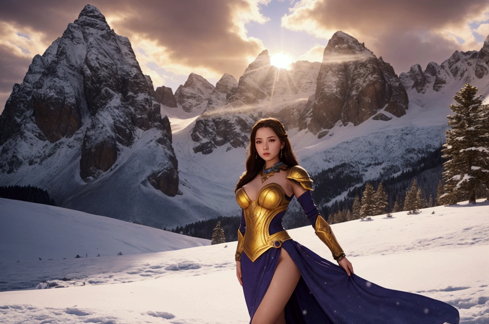 Closer camera look at a fantasy young and beautiful female warrior in tight dress after a won battle proudly towers in glory. In the background high mountains slightly snow-covered by the rays of the setting sun.