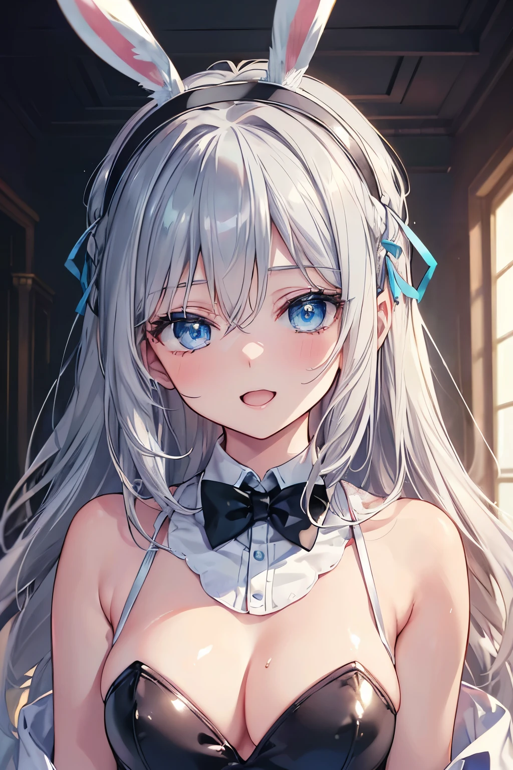 (Best quality,4K,8K,High resolution,Masterpiece:1.2),Super detailed,(Actual, Realistic),
break,
((Beautiful clear blue eyes:1.2)),very kind eyes,eyes wide open,beautiful eyelashes,beautiful lower eyelashes,
break,
((Beautiful and shiny silver hair:1.3)),A dazzling smile, a bursting smile, an open mouth laugh,
break,
BREAK (bunny girl ear headband:1.4),White shirt, black bow tie, black vest, black tuxedo jacket for women,
break,
very happily,((bust shot)),zoom in,bright hall