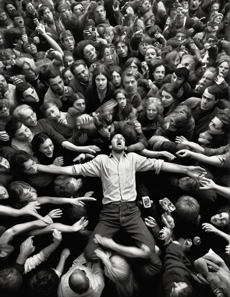 Create a photojournalism style image of a large crowd seen from above, with one man in the spotlight, levitating from the middle of the crowd, and glowing brightly, featuring (((intricate details))), (((best quality))), (((extremely detailed quality))), and (((complex composition)))." | Related artists: Henri Cartier-Bresson, Robert Capa, Dorothea Lange