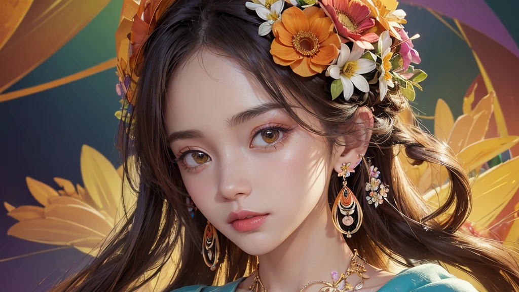 32K, 最高quality, 最高masterpiece, (ultra-Detailed Background, Detailed Background), High resolution, Super detailed, Very detailedな, One girl, (bouquet:1.3), (Tangled:1.2), (Geometric:1.2),(colorful),(masterpiece, quality, best quality, Official Art, Beautiful and beautiful:1.2), (1 girl:1.3), Very detailed,(colorful:1.1)(Flowers:1.3),Most detailed,(Tangled:1.2), whole body, (Abstract background:1.3), (Skin glows), (Many colors:1.4), ,(Earrings Jewelry:1.5), Pale Orange Background,