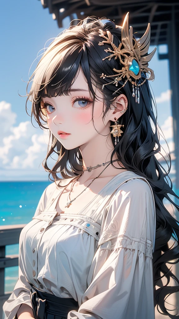 masterpiece,((Clear lines)), Limited edition palette,Highest quality, Flat Color, Low contrast, ((One girl)),(((Very delicate and beautiful girl))),(Beautifully detailed face),(Beautiful attention to detail),hair ornaments,((Mid-chest)),Long black hair,Hair Ribbon, , Are standing,((View your viewers:1.6)), View from below,Beautifully detailed skies,Bright sky,sunlight, (Detailed Light),colorful,Ocean,Beach, bridge,The way to school,Skyscraper,