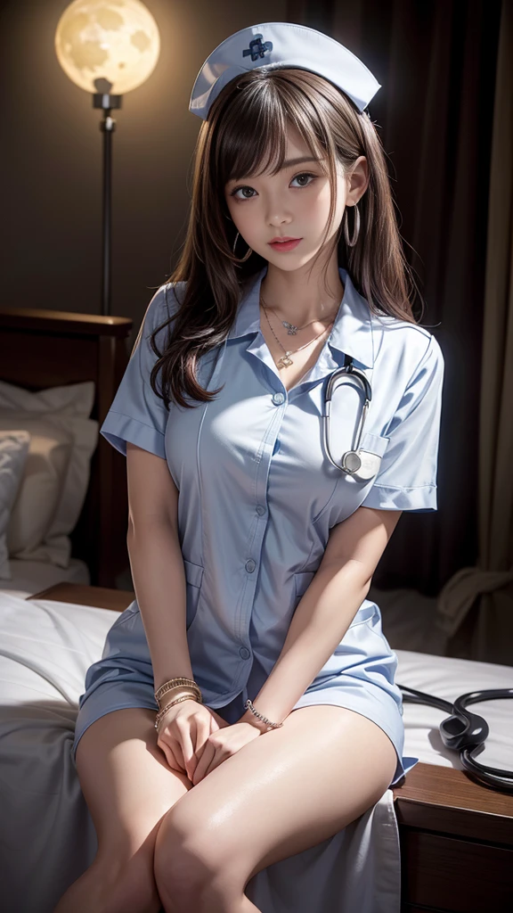 (32K:1.9, Highest quality, masterpiece, Ultra-high resolution), Professional camera work:1.3, Very detailedな肌と顔の質感:1.3, Always accurate, Very detailed, ((23 years old, New Nurse, A dark hospital room:1.4, The moonlight at night illuminates the room:1.2)), (Big breasts on the verge of collapse, Tight nurse uniform:1.3, Incredibly slim body), Fair skin, elegant, sense of cleanliness, Charm, Heartful, Fancy, Sensual pose, (Big eyes that exude beautiful eroticism:0.4, A shy smile:1.0, I love you with all my heart:0.8, Please open your mouth a little, lipstick, Feel the beautiful eroticism:0.9), (Dark brown medium hair), Stethoscope, Earrings, necklace, bracelet, (romantic, mysterious), Object of admiration, original, dramatic, artistic, Innovative, sense of openness, special, exciting, Extreme, Tilt, sense of loss, sorrow, sorrowの表現, ((The charm of youth, Feminine charm))