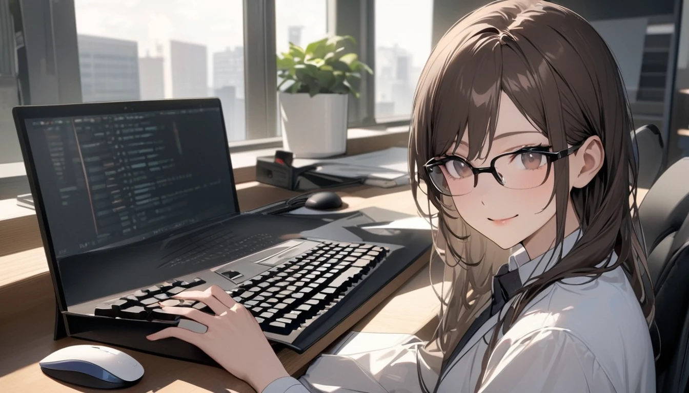 パソコンで仕事をするProfessionalグラマー,Portraiture,Professional,Wearing a smart suit,Stylish glasses,Typing on a sophisticated computer,Use a wireless mouse,Sitting at a modern desk,A soft smile,Soft natural light,High resolution,High resolution,Very detailed.One Woman ,alone, Dark brown hair