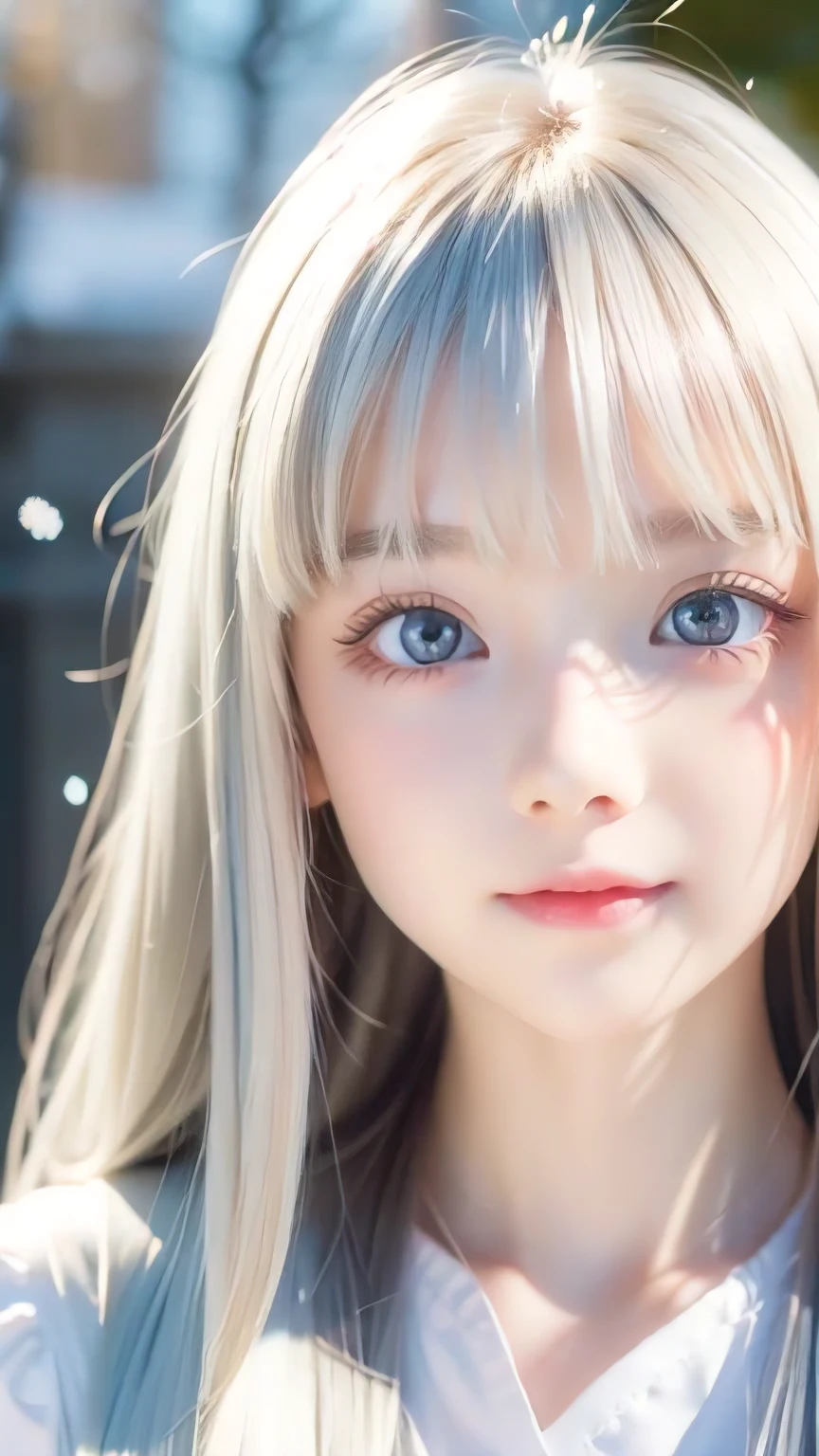 Very beautiful face、Long bangs flowing in front of the face、Beautiful pale light blue eyes hidden by her hair、Very cute beautiful face and very radiant skin、Bangs between the eyes、snow-white beautiful skin、very beautiful pale light blue eyes,、Beautiful very long straight silky pale golden shiny natural platinum blonde hair、Cute 14 year old very beautiful woman、Round face、Such a cute little face、Bright expression、Big eyes and well-defined double eyelids、eyeliner、