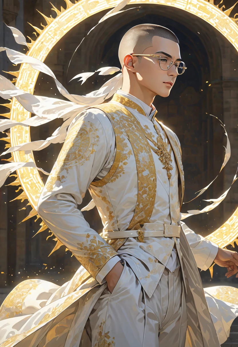 masterpiece, top quality, 1 man, black buzzcut hair, glasses, light sun math, nerd, fine eye detail, intricate detail, (style-pixiv:0,8), portrait, (spread of light :0,7 ), solo, full body shot, background detail, (the wind blows with light of maththread: 1.1) dynamic elegant pose, sun, brithis holy suit, medieval, light council in the background