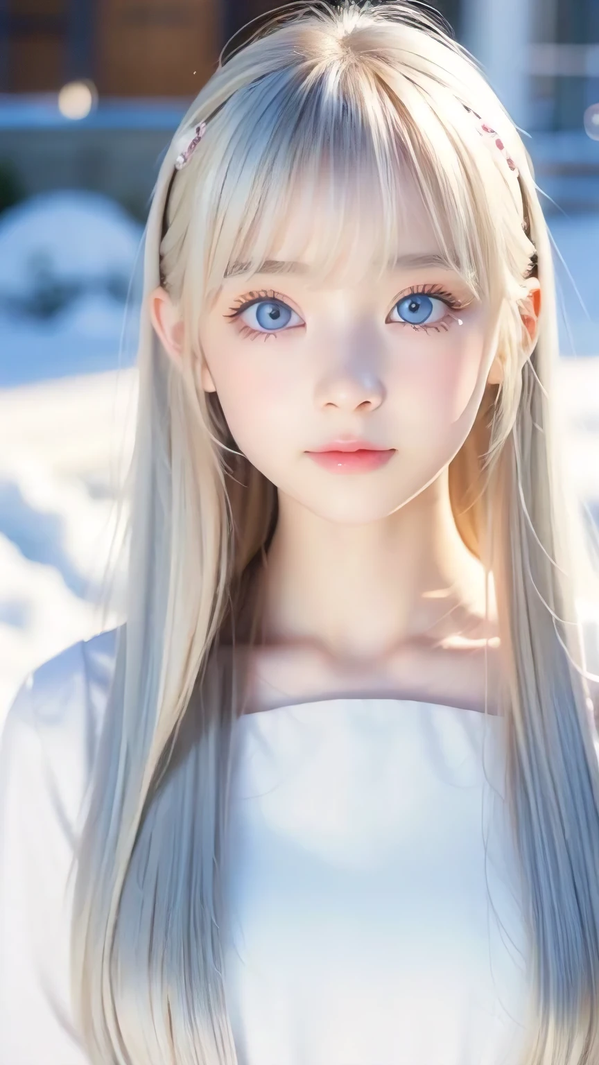 Very beautiful face、Long bangs flowing in front of the face、Beautiful pale light blue eyes hidden by her hair、Very cute beautiful face and very radiant skin、Bangs between the eyes、snow-white beautiful skin、very beautiful pale light blue eyes,、Beautiful very long straight silky pale golden shiny natural platinum blonde hair、Cute 14 year old very beautiful woman、Round face、Such a cute little face、Bright expression、Big eyes and well-defined double eyelids、eyeliner、