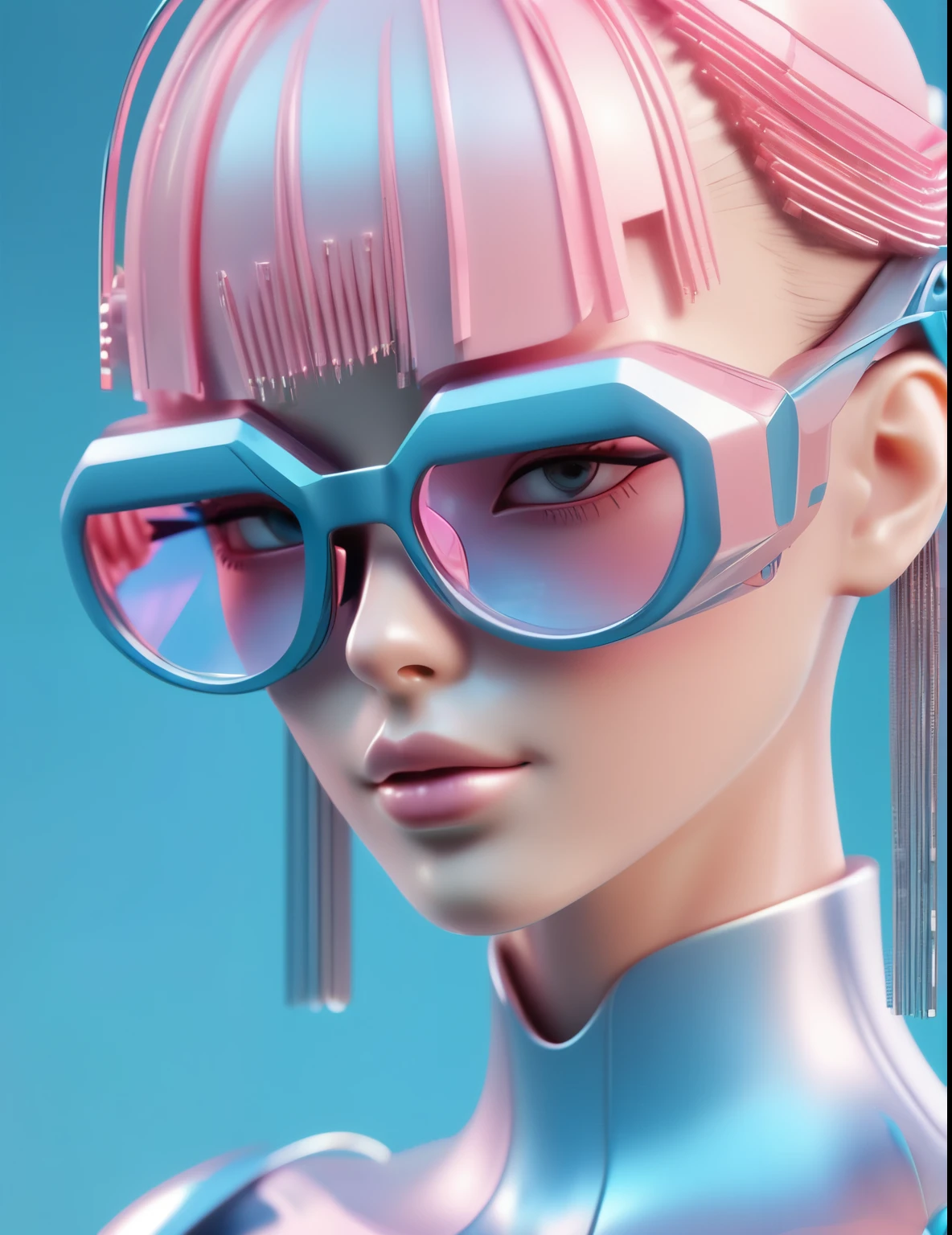 3D illustration of the upper body and face of an artificial intelligence model wearing futuristic glasses, Stylish glasses with tassels，Gradient Background, Pastel Color Palette, Pink-Blue, Simplicity, Cold metal texture, Surrealism,