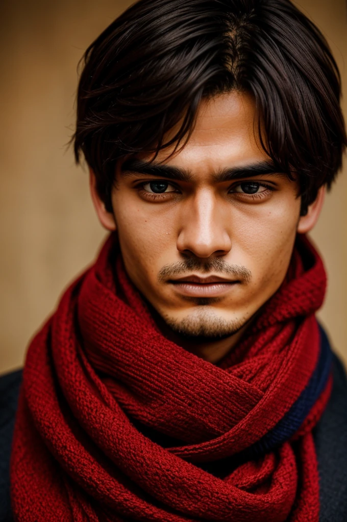 A 22 years old man red bloody scarf on his eyes 
