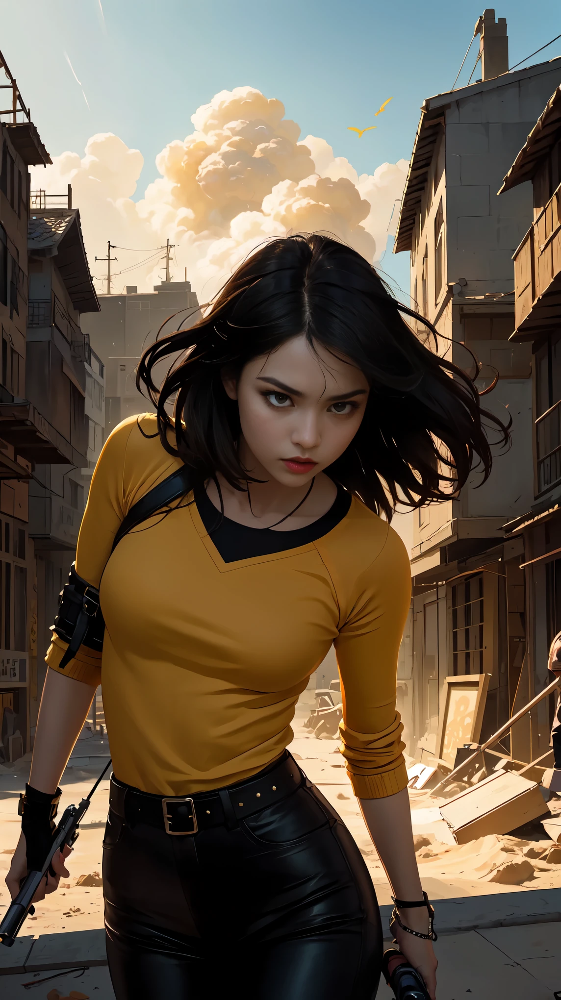 (Highest quality、4K、8k、High resolution、masterpiece:1.2)、Super detailed、Sharp focus、(Realist、フォトRealist、フォトRealist:1.37)、Black Hair、Straight Hair、eye、eyeを細めたeye:1.3))、Leather clothing attached to the body、Beautiful muscular body、Intense expression、He has a gun、(Clothing color、warm、orange、yellow、purple:1.3)、Standing on the roof of a multi-tenant building、Dramatic lighting、Intense Shadows、Sand texture、High contrast、Bright colors、Dynamic pose、Strong posture、shortage々New Background、Explosive atmosphere、Dystopia Theme、Surrealist elements、Digitally drawn illustrations、High resolution、Intricate details、Dramatic composition、Bold Pose、Avant-garde and chaotic brushwork、Gothic style、Intense emotions、On a grand scale、born々Successfully、Rough feeling、A fascinating and provocative work of art。HD、8k。
