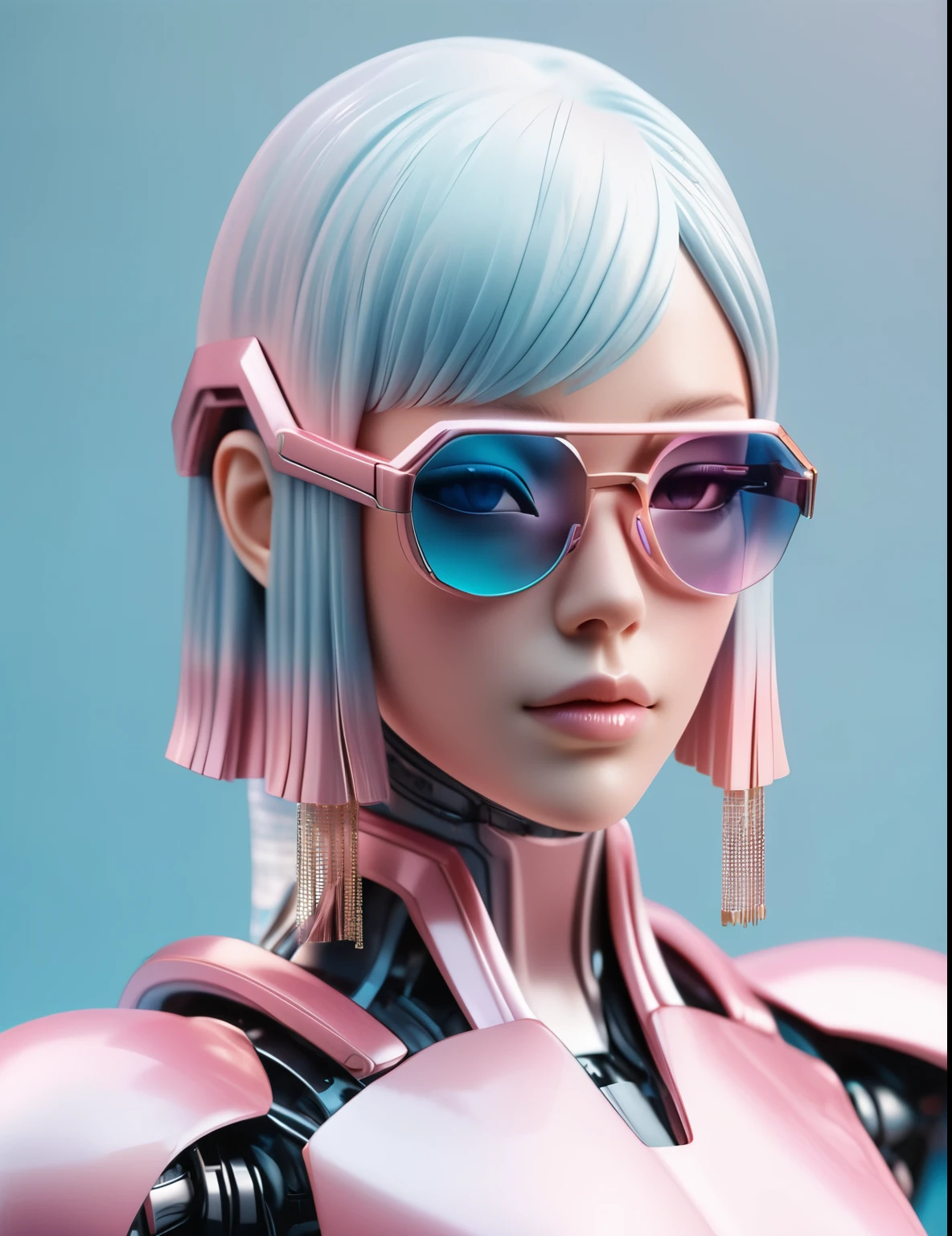 3D illustration of the upper body and face of an artificial intelligence model wearing futuristic glasses, Stylish glasses with tassels,Gradient Background, Pastel Color Palette, Pink-Blue, Simplicity, Cold metal texture, Surrealism,