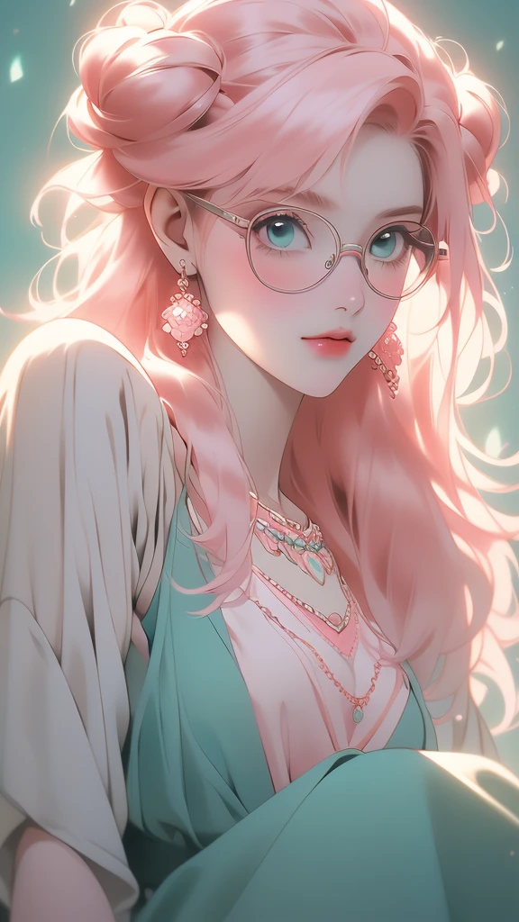 a closeup of a cute young looking girl with glasses and a pink blouse, 1girl, jewelry, solo, earrings, necklace, looking at viewer, double bun, hair bun, bare shoulders, hair, glasses, upper body,(irmgardweitzner,pink_hair,aqua_eyes,:1.2),