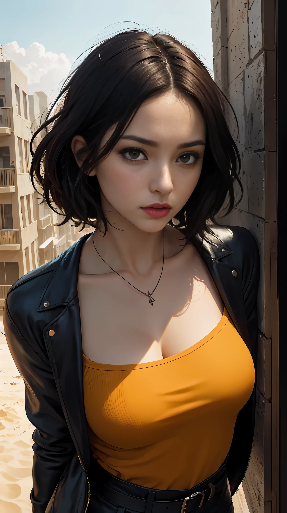 (Highest quality、4K、8k、High resolution、masterpiece:1.2)、Super detailed、Sharp focus、(Realist、フォトRealist、フォトRealist:1.37)、Black Hair、Straight Hair、eye、eyeを細めたeye:1.3))、Leather clothing attached to the body、Beautiful muscular body、Intense expression、He has a gun、(Clothing color、warm、orange、yellow、purple:1.3)、Standing on the roof of a multi-tenant building、Dramatic lighting、Intense Shadows、Sand texture、High contrast、Bright colors、Dynamic pose、Strong posture、shortage々New Background、Explosive atmosphere、Dystopia Theme、Surrealist elements、Digitally drawn illustrations、High resolution、Intricate details、Dramatic composition、Bold Pose、Avant-garde and chaotic brushwork、Gothic style、Intense emotions、On a grand scale、born々Successfully、Rough feeling、A fascinating and provocative work of art。HD、8k。