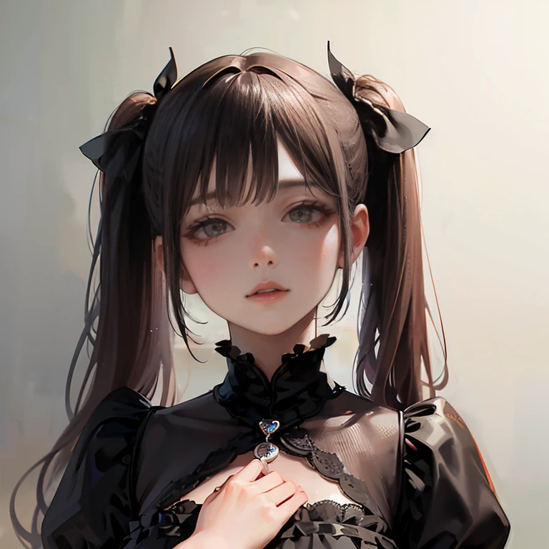 (8k, RAW Photos, Highest quality, masterpiece:1.2), (Real, Photorealistic:1.4), (Highly detailed 8K wallpapers),  3d, Princess like a doll, cute, highly detailed dress, Twin tails, Blunt bangs, Shiny Hair, Transparent white skin, large, round eyes, Thin lips, round face, Upper Body, Elevation, Looking at the camera, The best light, Perfect composition, 
