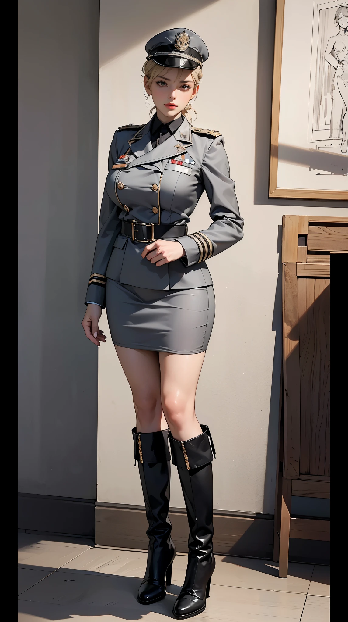 (Best quality, 4K, high resolution, masterpiece, ultra-detailed, realistic anatomy, photo-realistic:1.37), araffe attractive young woman, senior military officer, (wearing Prussian Hussar uniform), (light gray double breasted blazer jacket), (black pencil skirt), (Prussian Deaths Head cap), (black stocking and heel boots), blonde hair, high ponytail hair style, standing confidently, This full-body portrait captures her strength and authority, with sharp focus on her uniform's details and her commanding gaze, The image evokes an aura of discipline and respect, set against a military backdrop,