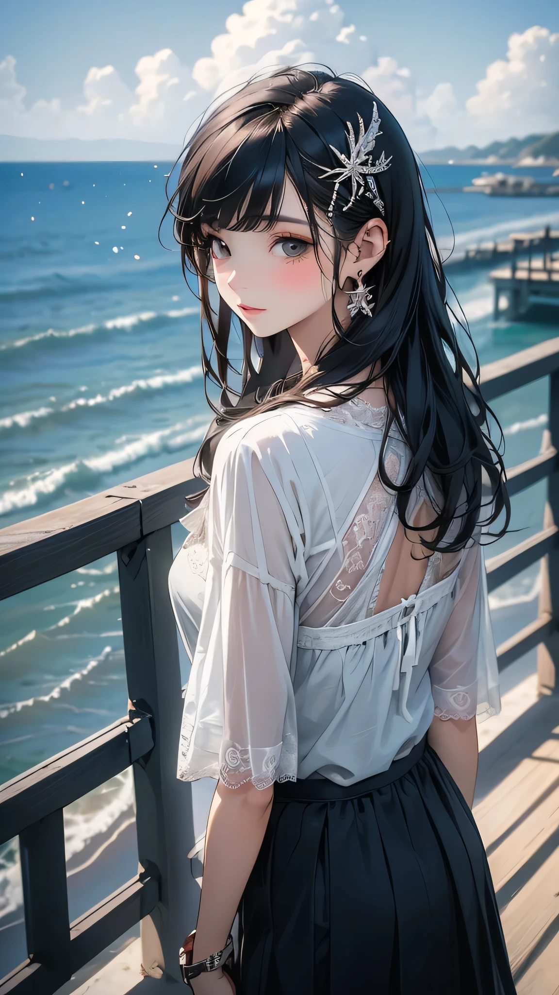 masterpiece,((Clear lines)), Limited edition palette,Highest quality, Flat Color, Low contrast, ((One girl)),(((Very delicate and beautiful girl))),(Beautifully detailed face),(Beautiful attention to detail),hair ornaments,((Mid-chest)),Long black hair,Hair Ribbon, , Are standing,((View your viewers:1.6)), View from below,Beautifully detailed skies,Bright sky,sunlight, (Detailed Light),colorful,Ocean,Beach, bridge,The way to school,Skyscraper,