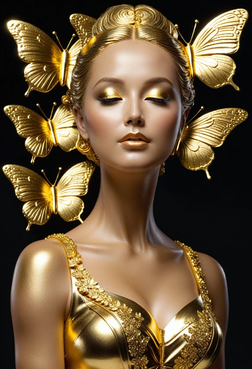 Gold Leaf Art:1.5.Made of platinum,statue,Still Life Table Setting,Dark background,Woman portrait sculpture,look up,Golden butterfly on cheek,Hollow butterfly wings,Gold Dust,Gold particles modern style, high resolution, artwork,Advanced composite technology,