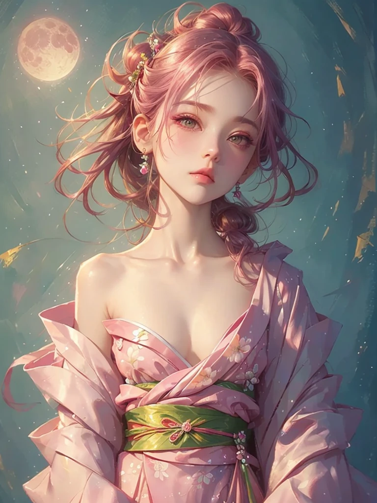 High quality, high resolution, fractal art, pink hair, pink eyes, kimono, pink hair, pink Japanese pattern kimono, worn tightly up to the neck, pink eyes, pink flower decoration on the head, hair tied up, Korean glitter eye makeup, very delicate makeup, shiny hair, the moon is visible, sparkling