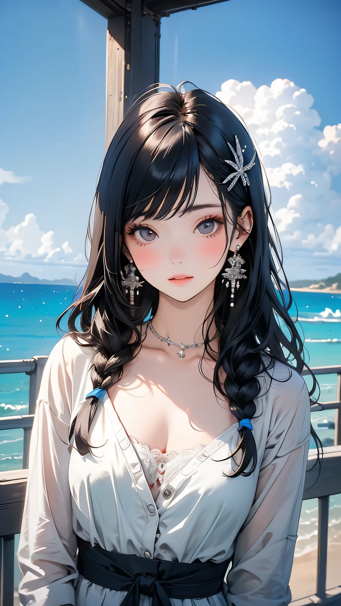 masterpiece,((Clear lines)), Limited edition palette,Highest quality, Flat Color, Low contrast, ((One girl)),(((Very delicate and beautiful girl))),(Beautifully detailed face),(Beautiful attention to detail),hair ornaments,((Mid-chest)),Long black hair,Hair Ribbon, , Are standing,((View your viewers:1.6)), View from below,Beautifully detailed skies,Bright sky,sunlight, (Detailed Light),colorful,Ocean,Beach, bridge,The way to school,Skyscraper,