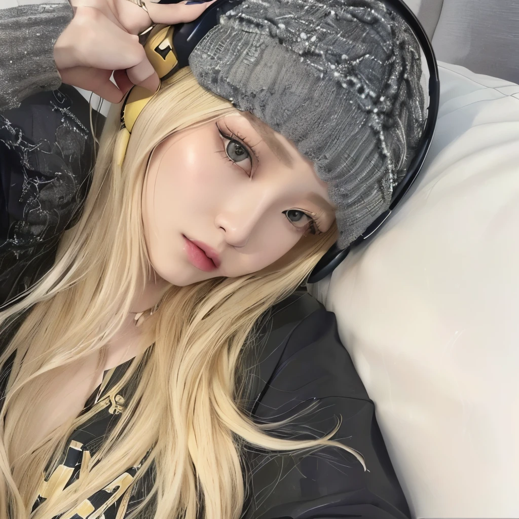 Blonde woman with headphones lying on sofa with cell phone, Eva Max, Roseanne Park of blackpink, cl, Sakimi-chan, Lalisa Manoban, has long blonde hair, has long white hair, Belle Delphine, Lalisa Manoban แห่ง Blackpink, Ulzzang, Long blonde hair and big eyes., has long white hair