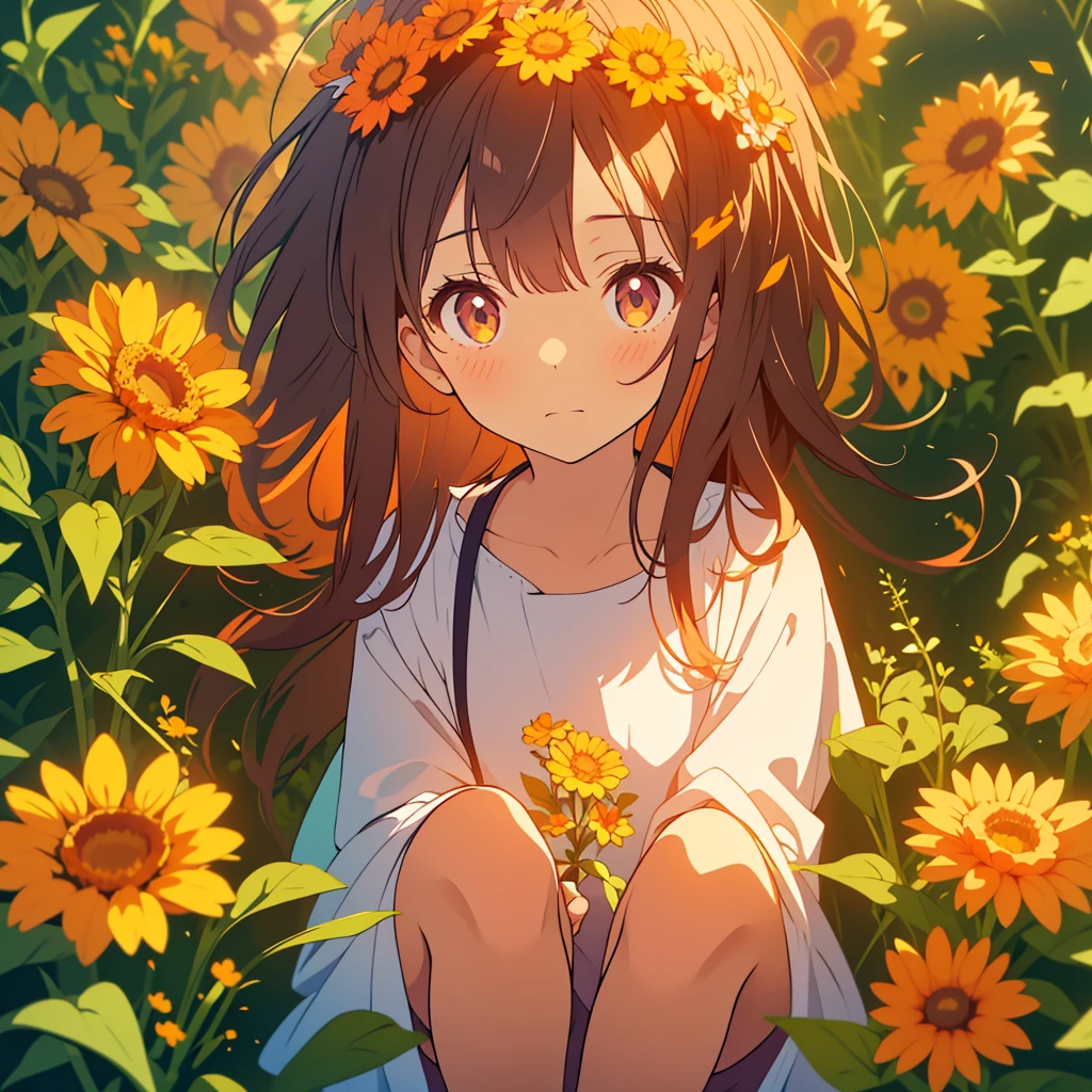 kawaii, anime, Cute, hyper quality, highly detailed, 8k, Clarity, Draw facial expressions in detail, Girl with long dark brown hair and green eyes, Woman with long light pink hair and purple eyes looking back, A small, short, dark orange calendula spreads out at my feet., A hill with small, short, dark orange calendula growing in clusters at its feet., Inciting point of view, Deep orange calendula petals are dancing, back to back, look down with a sad expression, whole body, draw two people, small calendula at my feet, small Calendula officinalis at my feet, dress, farewell, Loneliness, sadness of parting, Sad, broken heart, A flower garden spreads out at your feet,