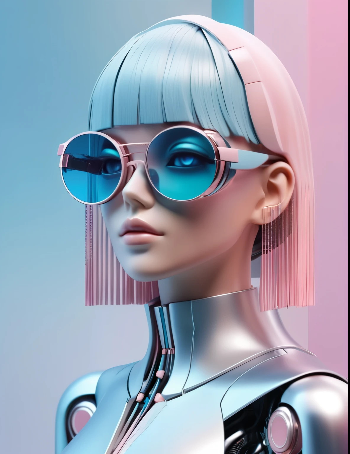 3D illustration of the upper body and face of an artificial intelligence model wearing futuristic glasses, Stylish glasses with tassels,Gradient Background, Pastel Color Palette, Pink-Blue, Simplicity, Cold metal texture, Surrealism,