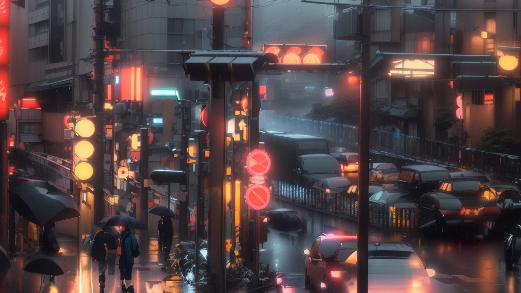 Tokyo cityscape on a rainy night。Neon-lit buildings and store signs are reflected on the wet road surface.。Person walking with an umbrella々comes and goes、Car lights are visible from afar。In the background, the full moon is thinly hidden by clouds.、There is a moist and quiet atmosphere。The image shows a young man wearing headphones and walking while engrossed in music.。The overall color tone is calm.、Urban yet relaxed atmosphere。