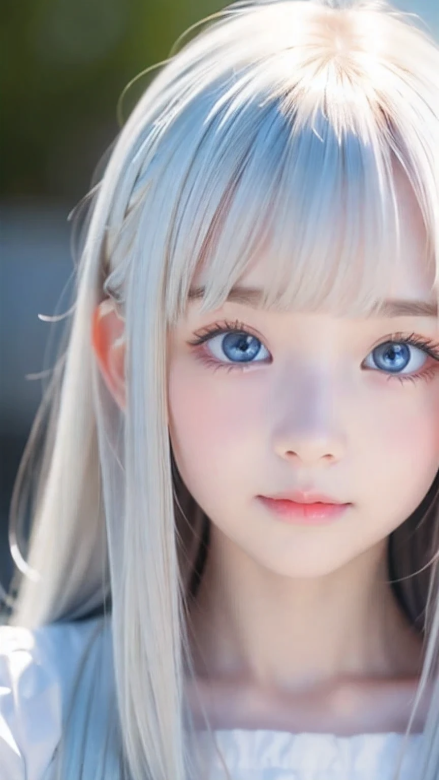 Very beautiful face、Long bangs flowing in front of the face、Beautiful pale light blue eyes hidden by her bangs、Very cute beautiful face and very radiant skin、Bangs between the eyes、snow-white beautiful skin、very beautiful pale light blue eyes,、Beautiful very long straight silky pale golden shiny natural platinum blonde hair、Cute 14 year old very beautiful woman、Round face、Such a cute little face、Bright expression、Big eyes and well-defined double eyelids、eyeliner、
