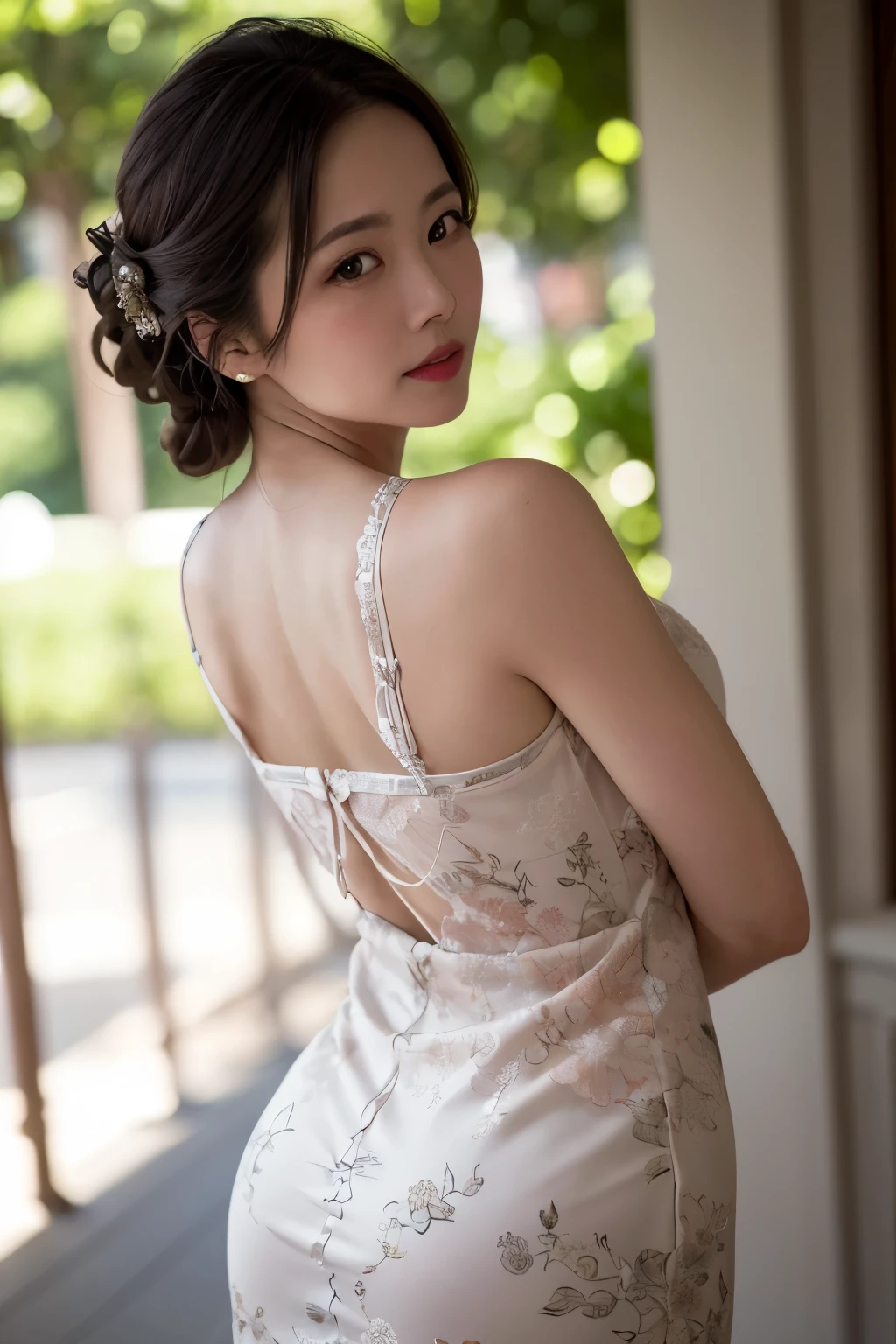 One girl, Mature Woman, photograph, Realistic, Highest quality, Detailed face, Detailed Background, Diffused sunlight, Depth of written boundary, Bokeh, China dress, sexy, Tribal pattern, back
