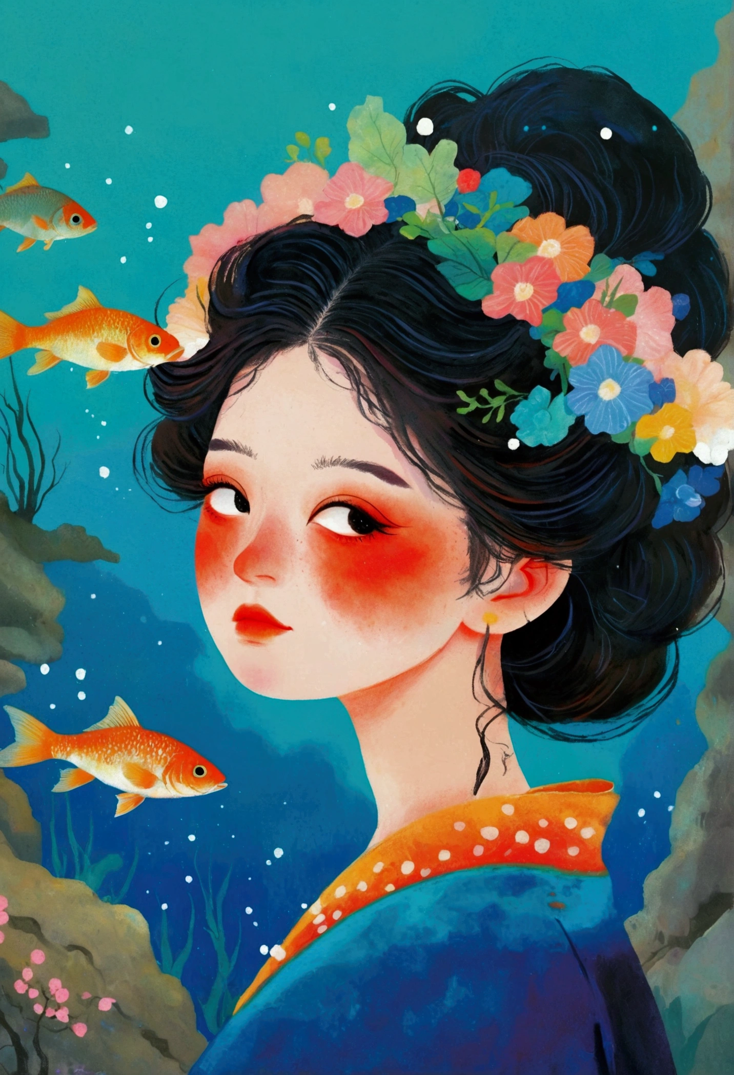 Painting of a woman with fish in her hair、Jin Nong's Surrealism、Black Hair、Japanese、Pop Surrealism、Color illustrations、Beautiful artistic illustrations、Colorful illustration、Pop Surrealismアートスタイル、Digital illustration style、Fantasy Illustration、Illustration art、Magical Surrealism、デジタルFantasy Illustration、Pop Surrealismローブローアートスタイル