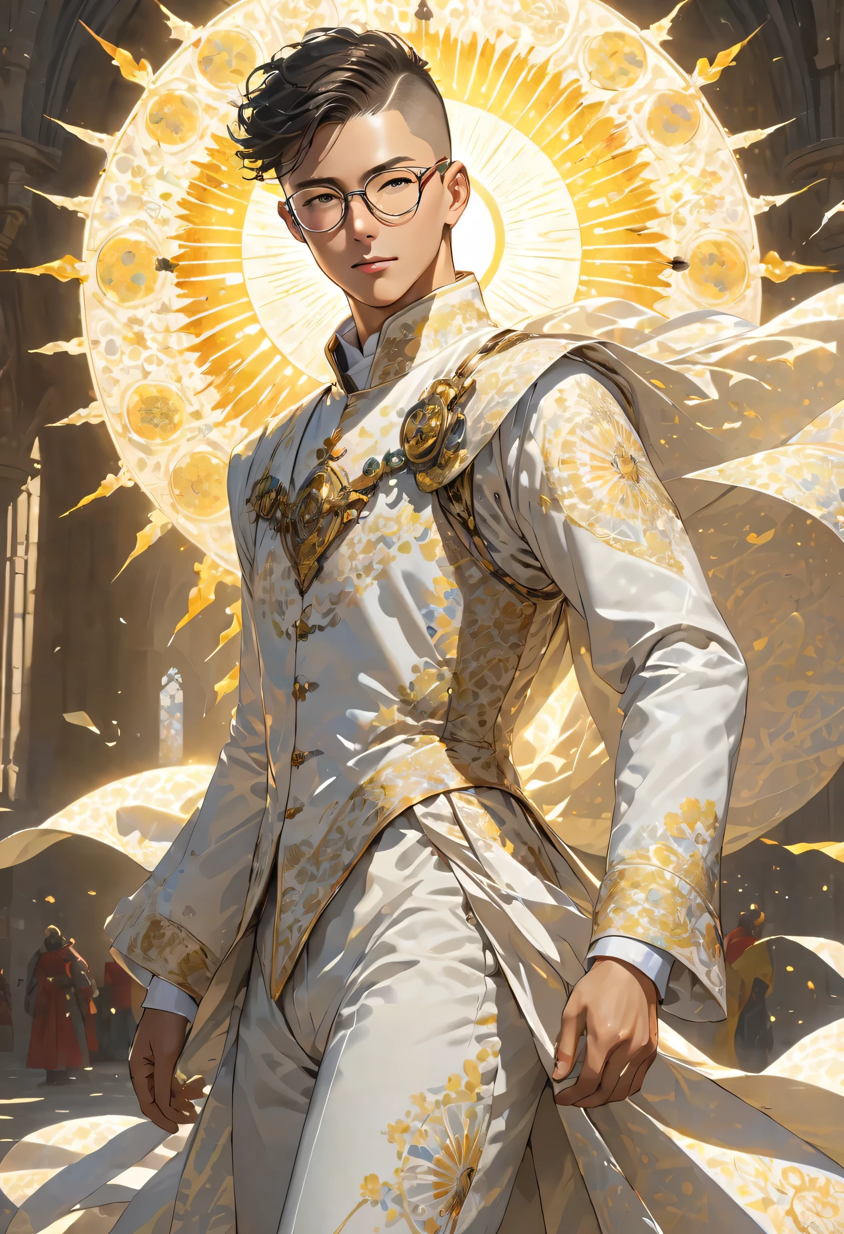 masterpiece, top quality, 1 man, black buzzcut hair, glasses, light sun math, nerd, fine eye detail, intricate detail, (style-pixiv:0,8), portrait, (spread of light :0,7 ), solo, full body shot, background detail, (the wind blows with light of maththread: 1.1) dynamic elegant pose, sun, brithis holy suit, medieval, light council in the background