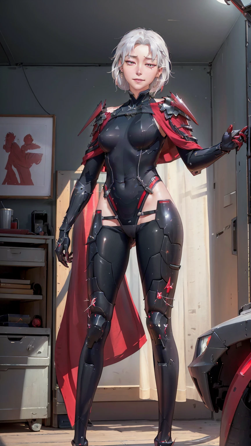 ((((masterpiece, best quality, high resolution)))), Extremely detailed 8K, Beautiful girl with voluptuous body, (Ultra HD, Ultra-detailed, Highly detailed, Highly realistic, Ultra-realistic, photograph realistic), (1girl:1.5), (Realistic white hair), (short silky hair, hair ornaments, earrings), (dynamic poses), facing at camera, looking at viewer, (blushing red, embarrassed, exhausted, smirk), (bright red eyes, sharp eyes), (small perky breasts:1.2), (wide hips:1.2), (beautiful detailed face, beautiful detailed eyes), ((black highleg leotard, Origleotard, thighhighs, breast, OrigArm, armor, mechanical armor)), (detail pussy), (standing up:1.3), sweat, glow, (nightlight), ((cowboy shot)), bedroom, seductive