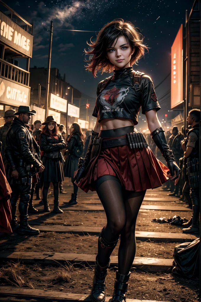 (masterpiece, best quality:1.2), cowboy shot, solo, dynamic pose, 1girl, ruby rose, grin, looking at viewer, t-shirt, red skirt, pantyhose, standing, outside deserted stadium, bonfires, river, crowd, (crowd in military uniforms), night, stars, closed mouth, serious look, serious expression, post-apocalypse, dystopian future