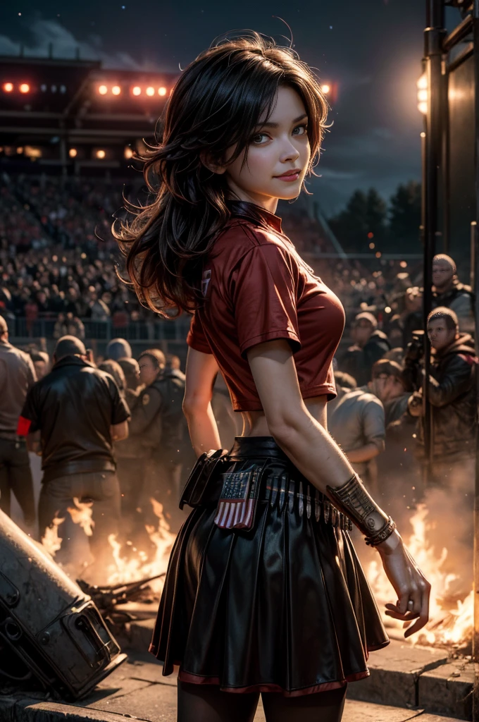 (masterpiece, best quality:1.2), cowboy shot, solo, dynamic pose, 1girl, ruby rose, grin, looking at viewer, t-shirt, red skirt, pantyhose, standing, outside deserted stadium, bonfires, river, crowd, (crowd in military uniforms), night, stars, closed mouth, serious look, serious expression, post-apocalypse, dystopian future
