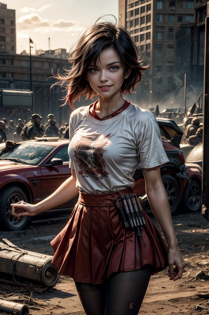 (masterpiece, best quality:1.2), cowboy shot, solo, dynamic pose, 1girl, ruby rose, grin, looking at viewer,  t-shirt, red skirt, pantyhose, standing, outside deserted stadium, bonfires, river, crowd, (crowd in military uniforms), night, stars, closed mouth, serious look, serious expression, post-apocalypse, dystopian future