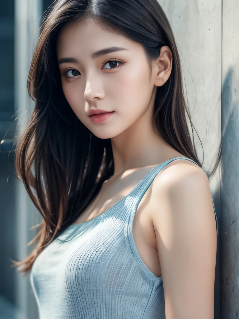 high quality, 8k, In frame, Close-up portrait of a dark-haired woman in a white shirt and light blue skirt, Photorealistic girl,Detailed rendering, Cute realistic girl rendering, August rendering, whole bodyモデル, whole body, Smooth Skin, Realistic portrait full body style, フォトリアリスティックなwhole body, The best one,