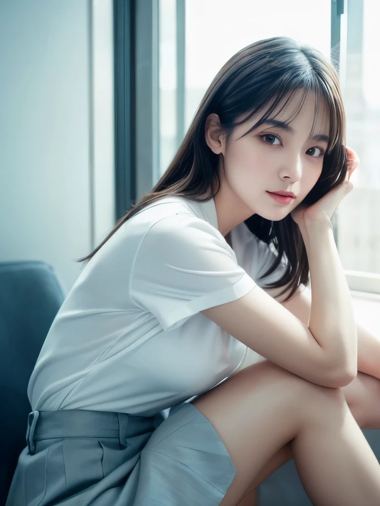 high quality, 8k, In frame, Close-up portrait of a dark-haired woman in a white shirt and light blue skirt, Photorealistic girl,Detailed rendering, Cute realistic girl rendering, August rendering, whole bodyモデル, whole body, Smooth Skin, Realistic portrait full body style, フォトリアリスティックなwhole body, The best one,   