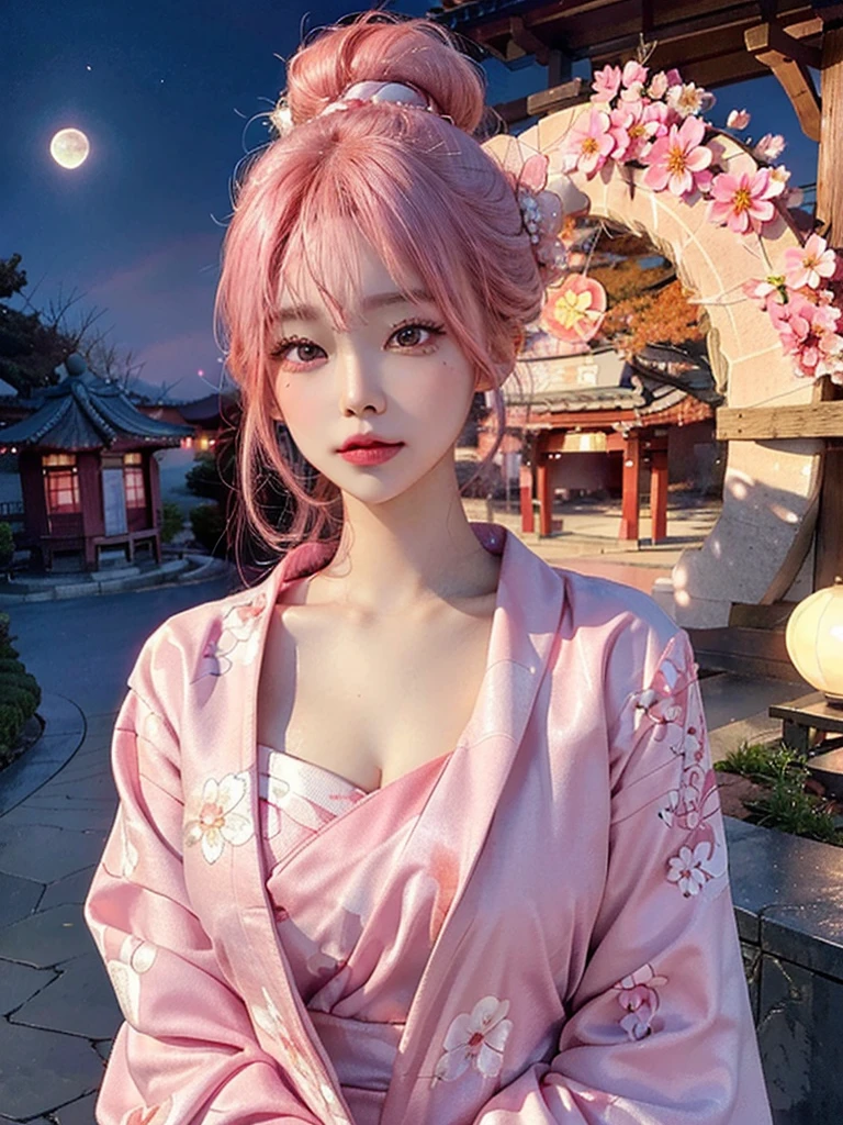 High quality, high resolution, fractal art, pink hair, pink eyes, kimono, pink hair, pink Japanese pattern kimono, worn tightly up to the neck, pink eyes, pink flower decoration on the head, hair tied up, Korean glitter eye makeup, very delicate makeup, shiny hair, the moon is visible, sparkling