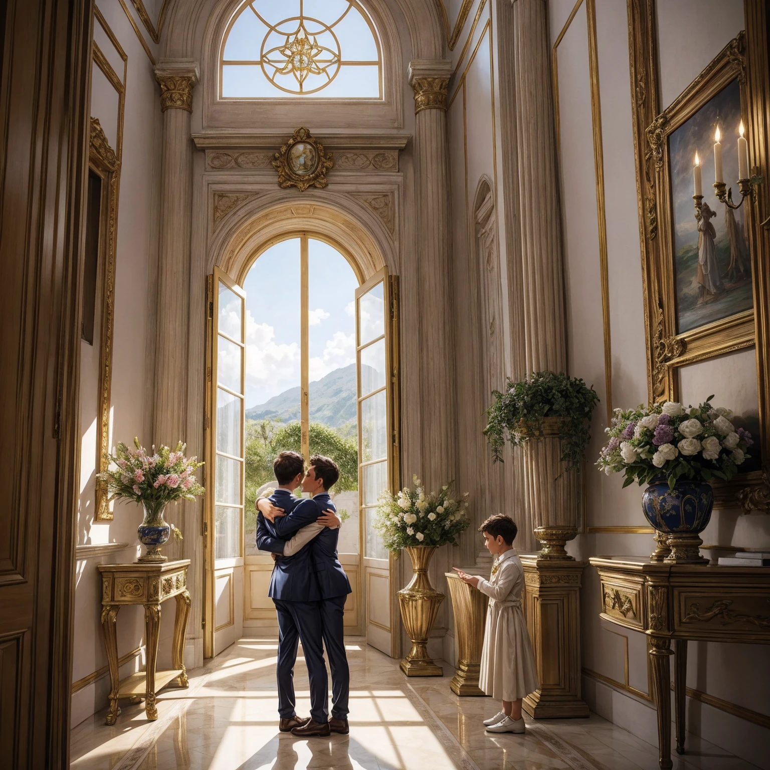 A heartwarming scene in a modern, elegant mansion in Constantine,Algeria. A young father in his 30s, dressed in a business suit, has just returned home from work. He lovingly and warmly embraces his playful and innocent twin children, a boy and a girl, lifting them up in a tight hug. The children, full of joy and innocence, cling to him with bright smiles. The setting is bathed in the golden light of a clear summer evening. Sunlight streams through large windows, illuminating the spacious living room and the view of a beautifully landscaped garden and the sparkling Adriatic Sea beyond. The father, secretly imagined as Constantine I, conveys deep love and forgiveness to his children, who are subtly represented as Crispus and Fausta. There is a profound sense of reconciliation, healing, and renewed bonds, symbolized by subtle hints of ancient Roman elements in the home's decor. The scene exudes warmth, peace, and a sense of restored relationships. 、divine atmosphere、A paradise of greenery and flowers、heaven、Blessings and Blessings、Beautiful fece、brilliance、ultra-quality、Ultra-high resolution、ultra-definition、Super beautiful、​masterpiece、