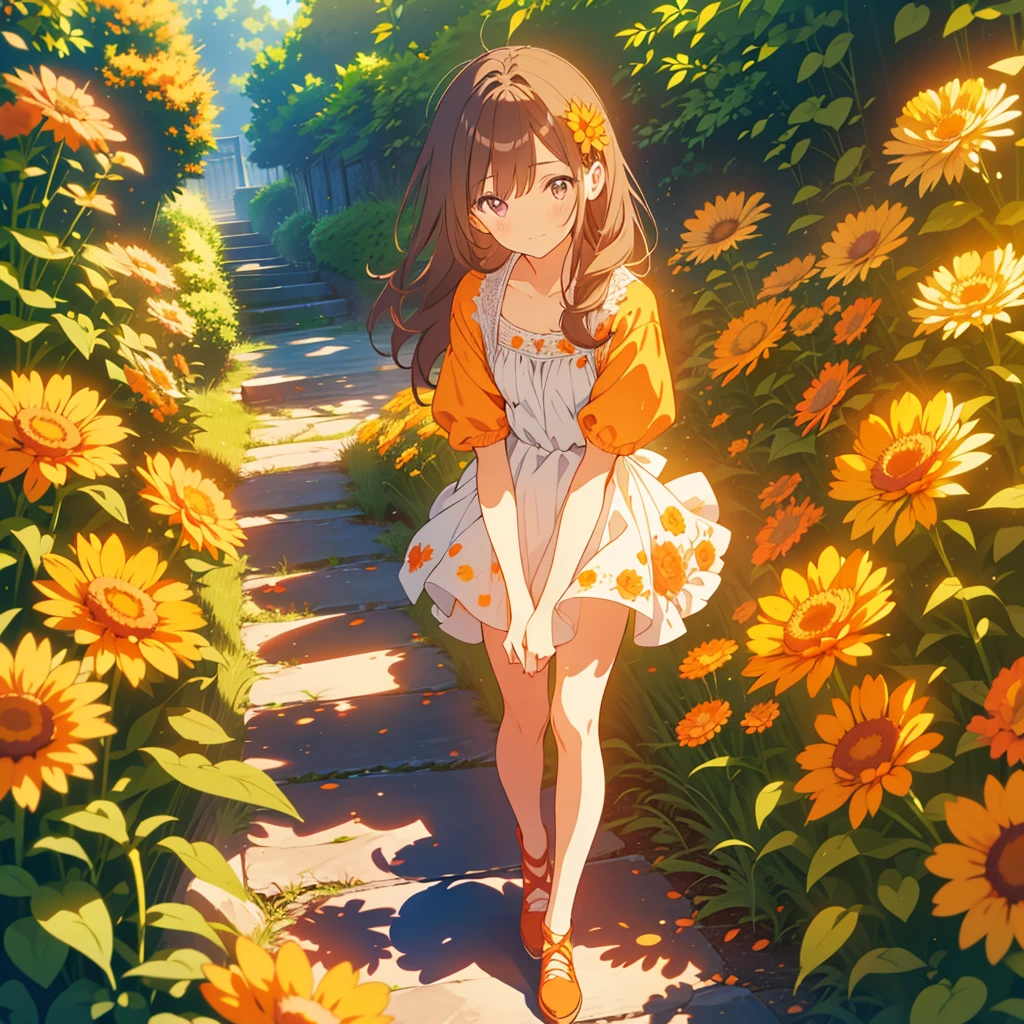 kawaii, anime, Cute, hyper quality, highly detailed, 8k, Clarity, Draw facial expressions in detail, Girl with long dark brown hair and green eyes, Woman with long light pink hair and purple eyes looking back, A small, short, dark orange calendula spreads out at my feet., A hill with small, short, dark orange calendula growing in clusters at its feet., Inciting point of view, Deep orange calendula petals are dancing, back to back, look down with a sad expression, whole body, draw two people, small calendula at my feet, small Calendula officinalis at my feet, dress, farewell, Loneliness, sadness of parting, Sad, broken heart, A flower garden spreads out at your feet,