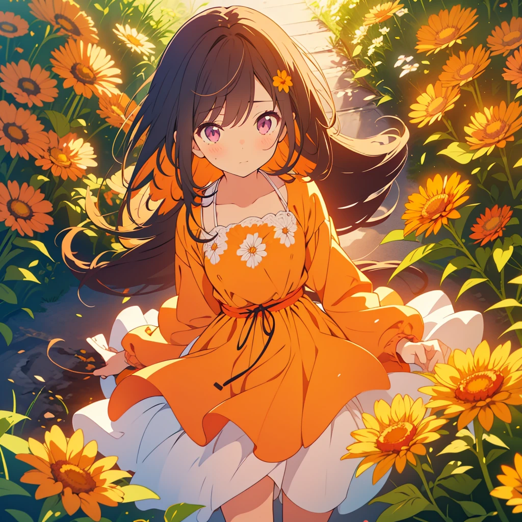 kawaii, anime, Cute, hyper quality, highly detailed, 8k, Clarity, Draw facial expressions in detail, Girl with long dark brown hair and green eyes, Woman with long light pink hair and purple eyes looking back, A small, short, dark orange calendula spreads out at my feet., A hill with small, short, dark orange calendula growing in clusters at its feet., Inciting point of view, Deep orange calendula petals are dancing, back to back, look down with a sad expression, whole body, draw two people, small calendula at my feet, small Calendula officinalis at my feet, dress, farewell, Loneliness, sadness of parting, Sad, broken heart, A flower garden spreads out at your feet,