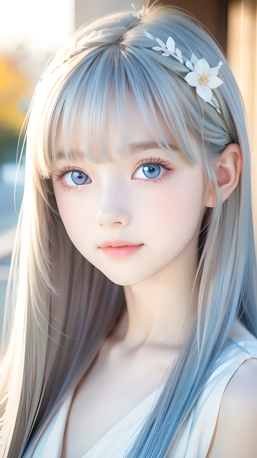 Very beautiful face、Long bangs flowing in front of the face、Beautiful pale light blue eyes hidden by her bangs、Very cute beautiful face and very radiant skin、Bangs between the eyes、snow-white beautiful skin、very beautiful pale light blue eyes,、Beautiful very long straight silky pale golden shiny natural platinum blonde hair、Cute 14 year old very beautiful woman、Round face、Such a cute little face、Bright expression、Big eyes and well-defined double eyelids、eyeliner、