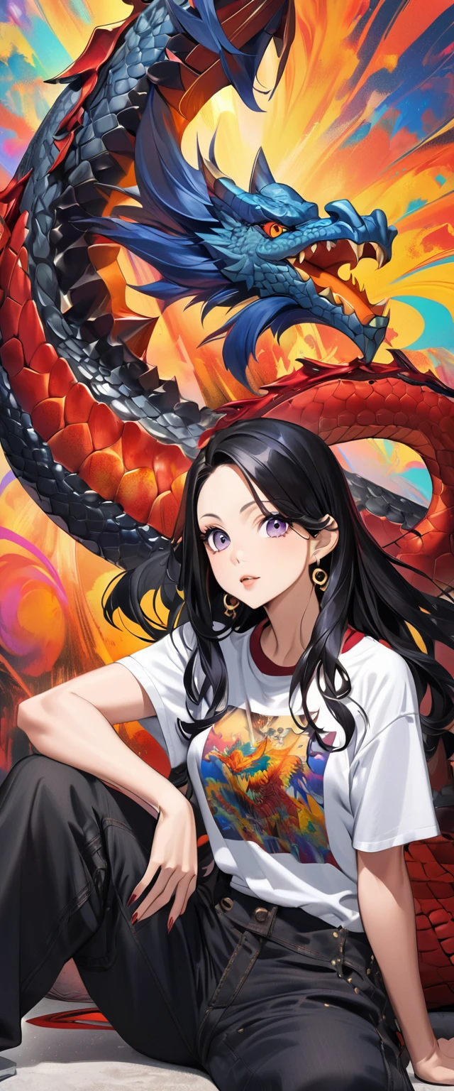 Make a photo of a FEMALE anime character in the manga series (ONE PIECE) named (BOA HANCOCK) ) with long black hair, with big round earrings in the shape of a sexy dragon, wearing a closed hip-hop shirt, long loose hip-hop pants. Sitting, with a colorful abstract painting background .makes the photo look anime realistic.