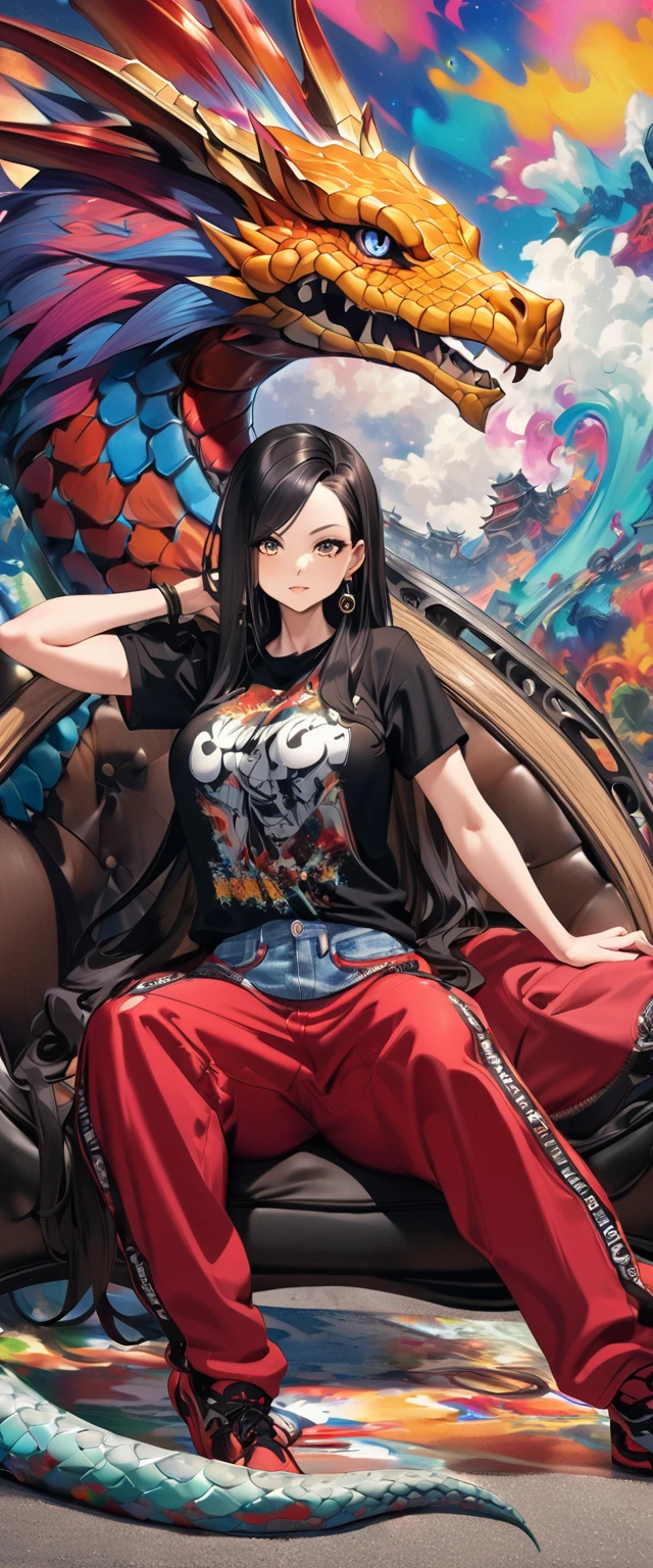 Make a photo of a FEMALE anime character in the manga series (ONE PIECE) named (BOA HANCOCK) ) with long black hair, with big round earrings in the shape of a sexy dragon, wearing a closed hip-hop shirt, long loose hip-hop pants. Sitting, with a colorful abstract painting background .makes the photo look anime realistic.