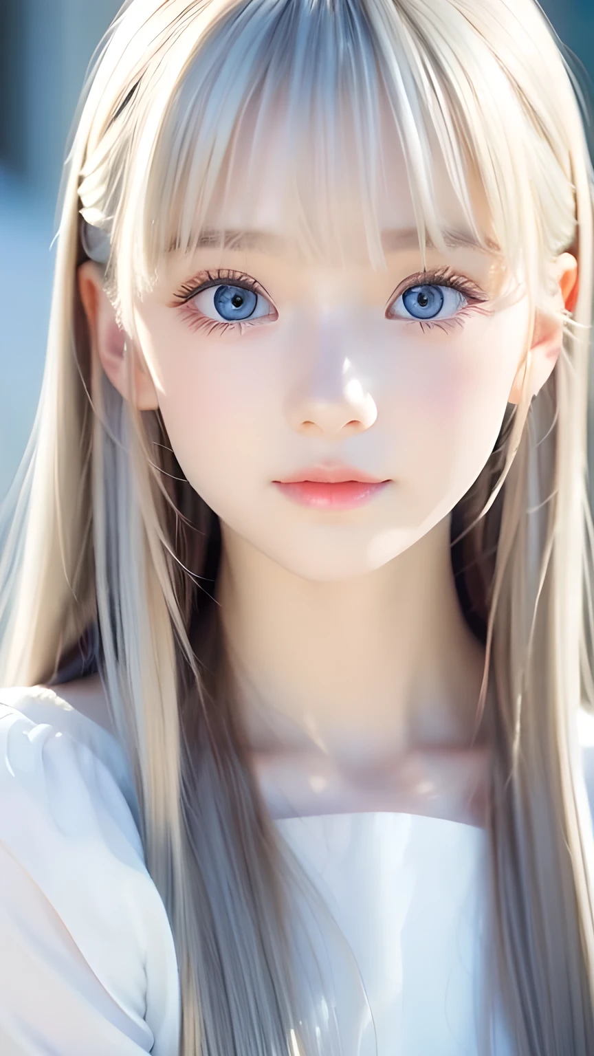 Very beautiful face、Long bangs flowing in front of the face、Beautiful pale light blue eyes hidden by her bangs、Very cute beautiful face and very radiant skin、Bangs between the eyes、snow-white beautiful skin、very beautiful pale light blue eyes,、Beautiful very long straight silky pale golden shiny natural platinum blonde hair、Cute 14 year old very beautiful woman、Round face、Such a cute little face、Bright expression、Big eyes and well-defined double eyelids、eyeliner、
