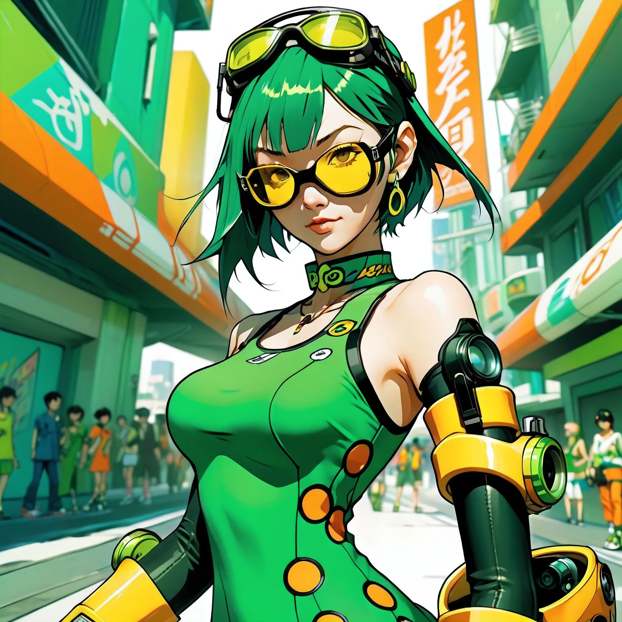 a close up of a woman in a green dress and goggles, jet set radio artwork, style of jet set radio, by Yoshihiko Wada, jet set radio, by Akihiko Yoshida, artstyle : ilya kuvshinov, by shirow masamune, cushart kenz, jet set radio future, full body shot, inline skates, holding spray can