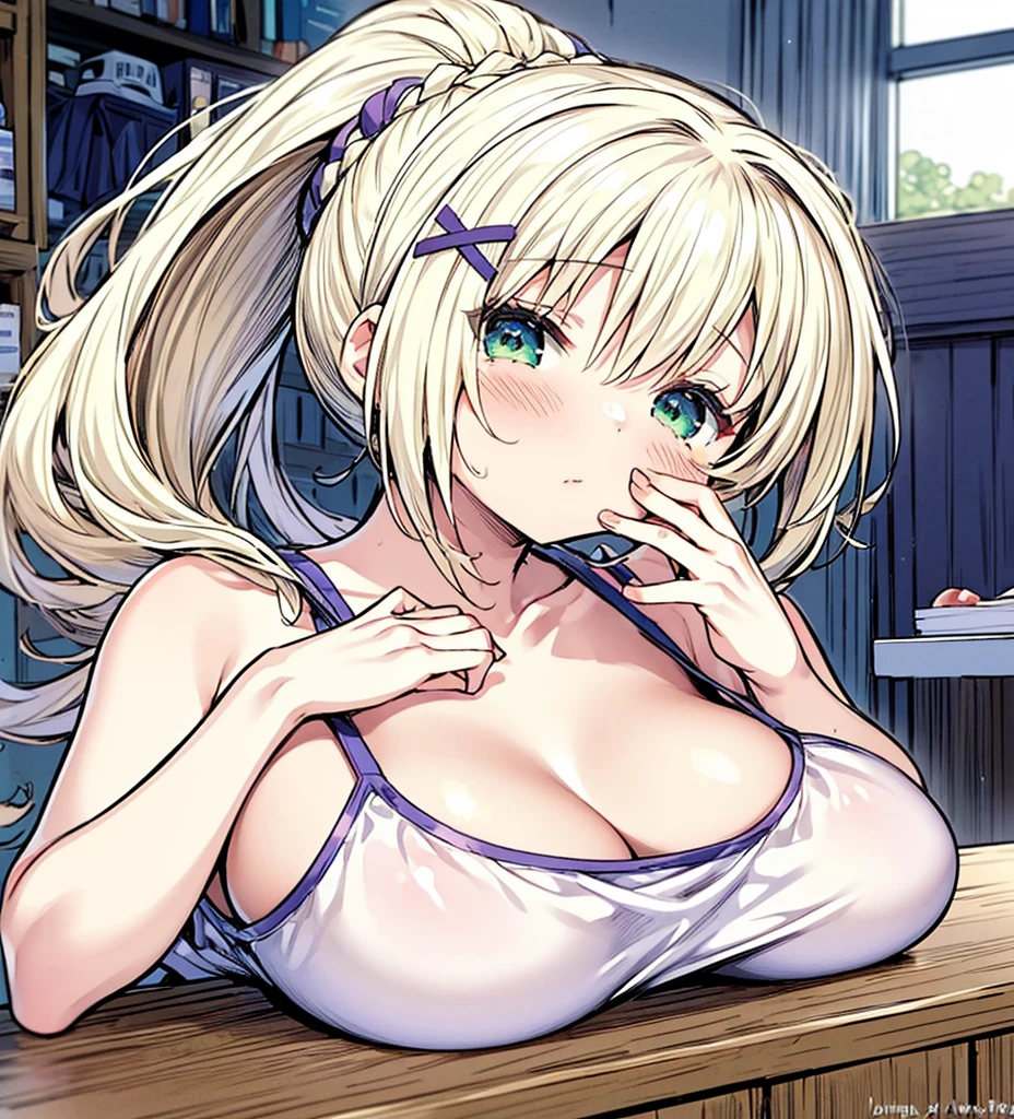 masterpiece, Highest quality, so beautiful, Absurd,One girl, Sitting, relaVatu, View your viewers, White clothes, Covered_inpples, chest_upon_table, breast press table, Upper Body, indoor , ,darkness_(kuponosuba), kupono_Subarashii_sekai_in_Sufu_where!, One girl, lupong_hair,  puponytail, bluponde_hair,  Vatu_hair_ornament, Braiding, green_eye,,Gym Wear,yawinng,floating_hair,puffy nipples