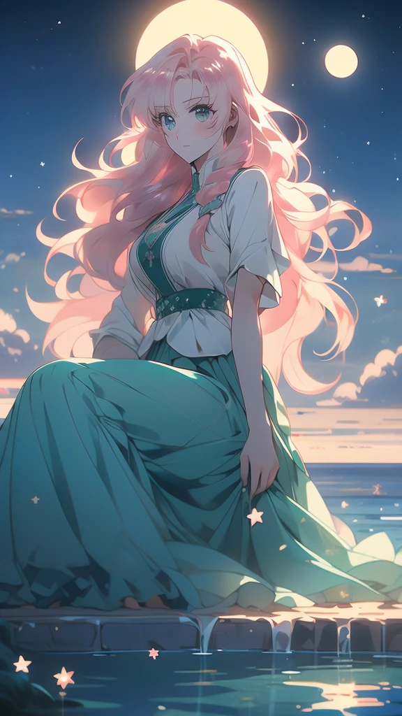 you can use water color to bring your art to life or to make your own work even more beautiful, 1girl, solo, sky, skirt, school uniform, crescent moon, sitting, moon, long hair, star (sky), serafuku, water, blue skirt, cloud, eyes,(risheirmgardweitzner,pink_hair,aqua_eyes,:1.2),