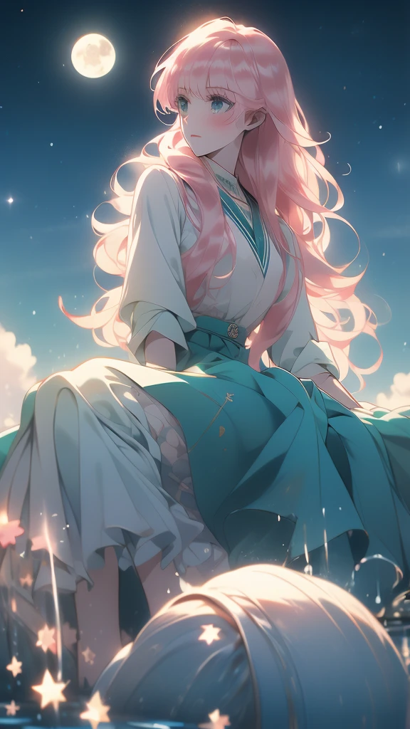 you can use water color to bring your art to life or to make your own work even more beautiful, 1girl, solo, sky, skirt, school uniform, crescent moon, sitting, moon, long hair, star (sky), serafuku, water, blue skirt, cloud, eyes,(risheirmgardweitzner,pink_hair,aqua_eyes,:1.2),