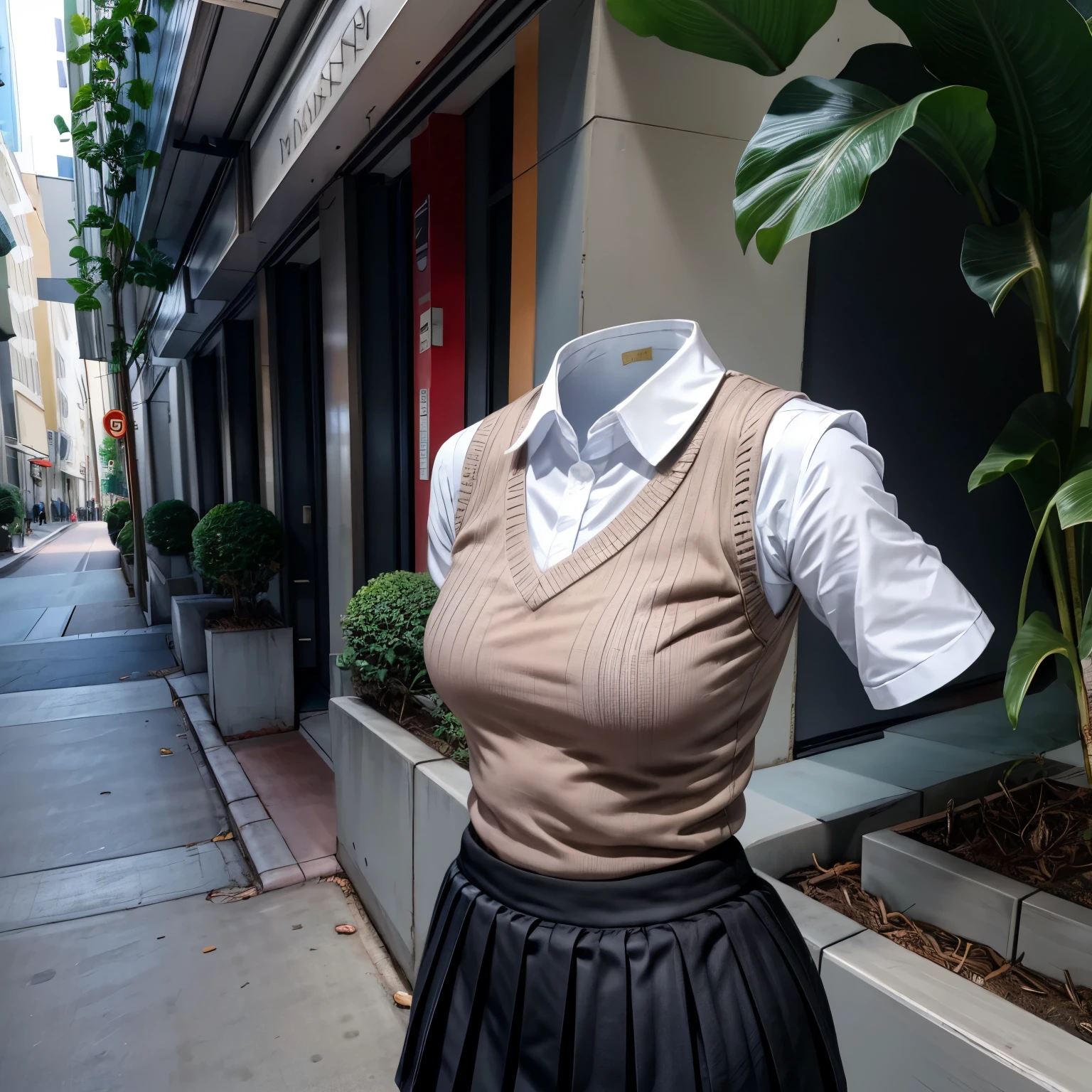 cute big breasts, dynamic angle, black skirt, collared shirt, dress shirt, pleated skirt, short sleeves, skirt, summer uniform, sweater vest, white shirt, brown sweater vest, (masterpiece:1.2), best quality, high resolution