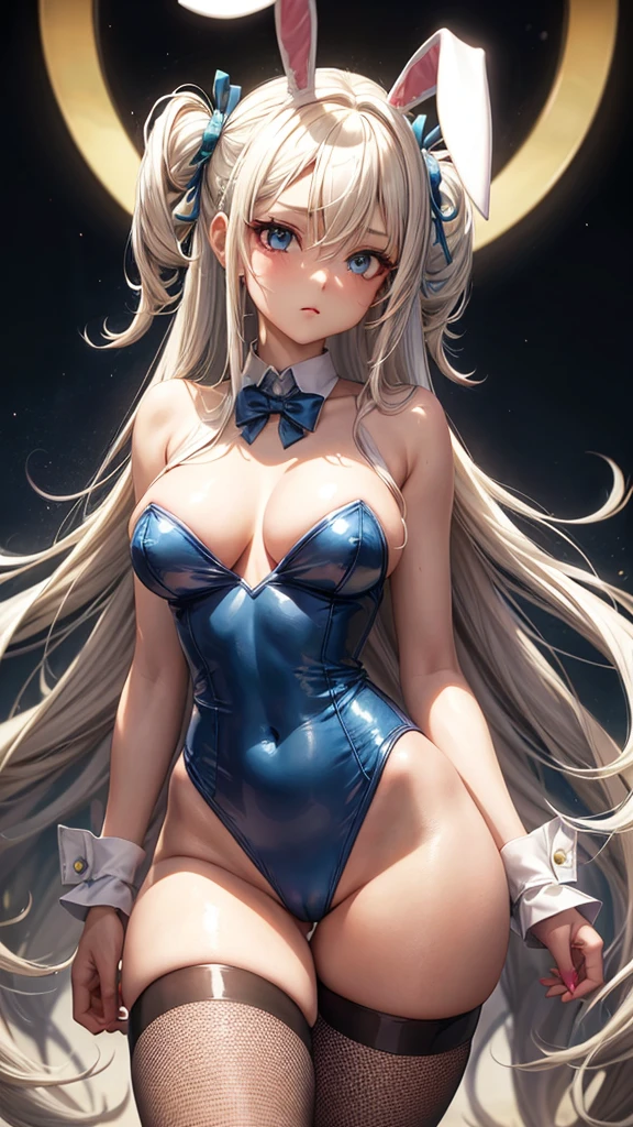 ((Best Quality)), (ultra-detailliert), ((Extremely detailed)), (Beautiful), ((Kawaii Girl)),(two side up hair)、((masutepiece)), ((Platinum Blonde Hair)), Long hair, hair between eye, Wavy Hair, Long sideburns, Jade-colored eyes, White skin, Colossal tits、(Rabbit ears), Slender body, ((Blue Playboy bunny)), Fishnet tights, High heels , Casino, Standing, One Woman, Anime